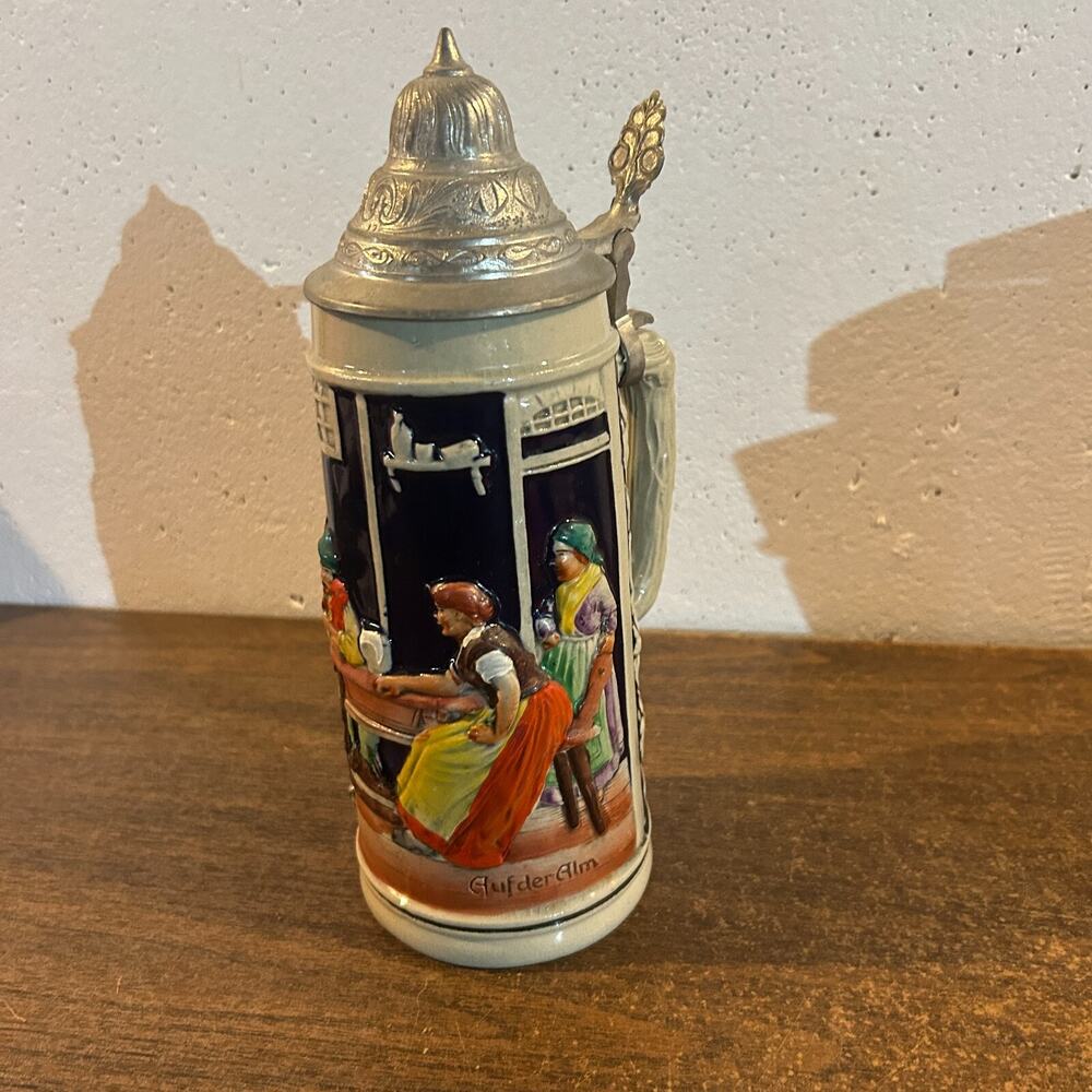 Vintage Lidded Beer Stein Tavern Scene 9 1/2" High Made In Germany